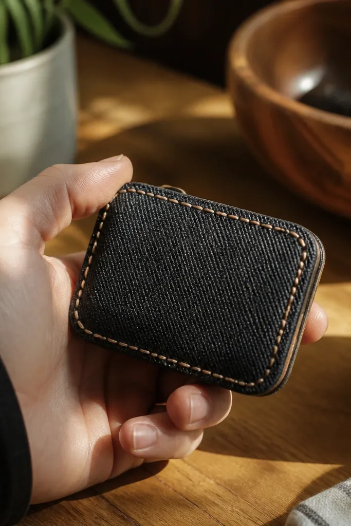 Black denim Altoids wallet with tan stitched panel and brass button closure
