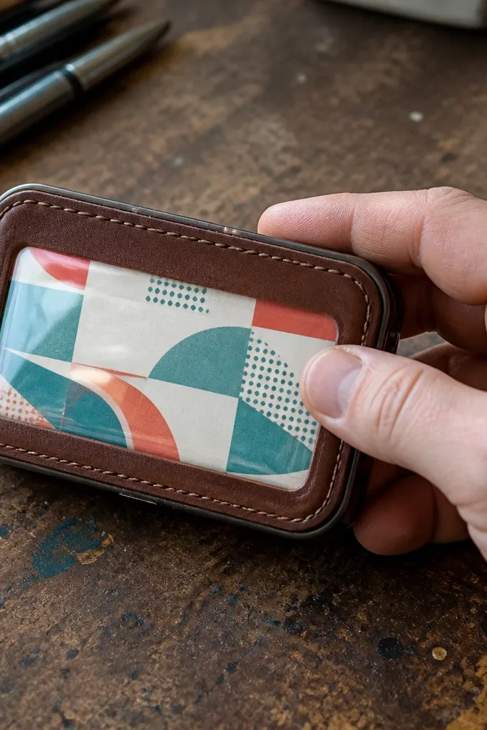 Altoids wallet with a clear window showing a colorful printed paper inside