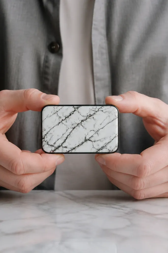 Grey marbled Altoids wallet front with white swirls and black vein lines