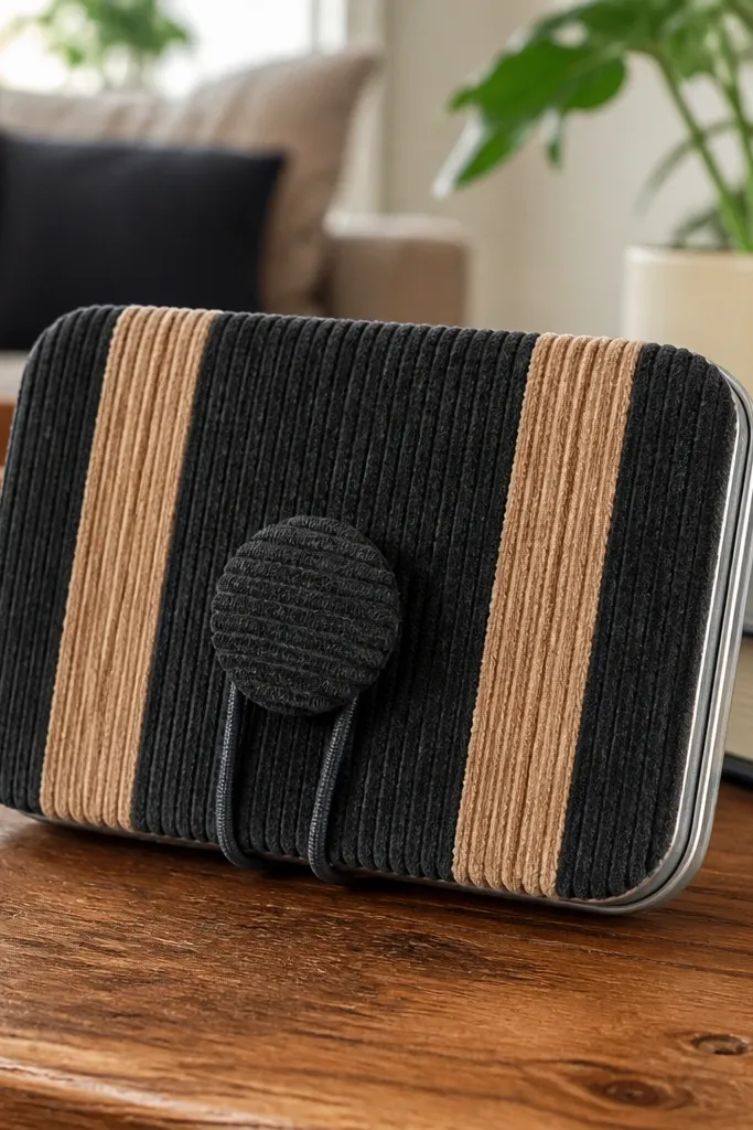 Beige corduroy Altoids wallet with vertical side stripes and fabric-covered button
