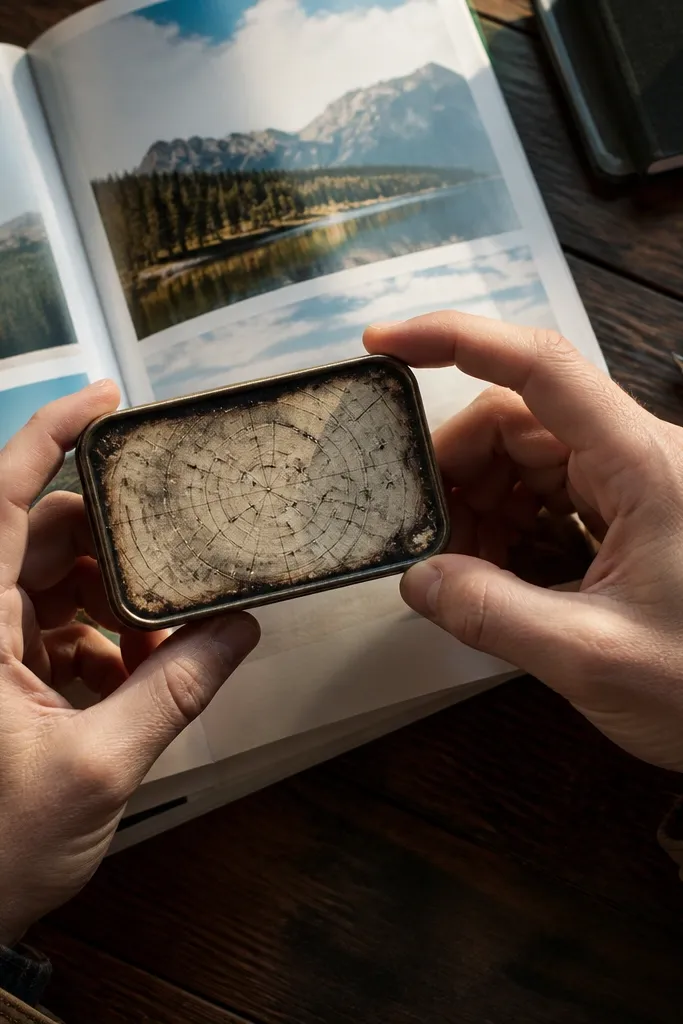 Altoids wallet with star map paper front and dark ink-washed burnt edges