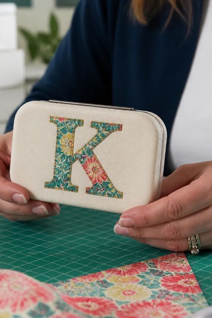 Altoids wallet with a fabric monogram appliqué on a solid background
