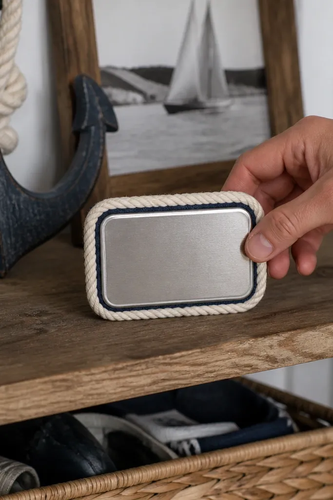 Navy Altoids wallet with a white rope border framing the lid center