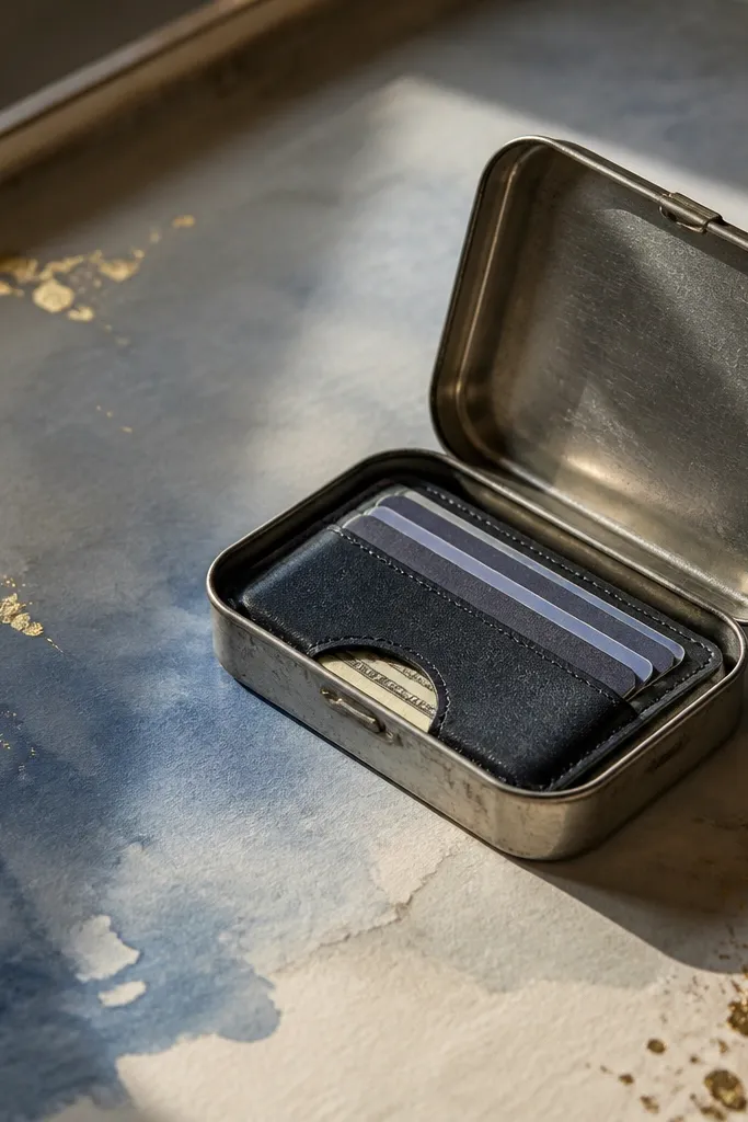 Altoids wallet with soft watercolor wash and tiny gold specks on top