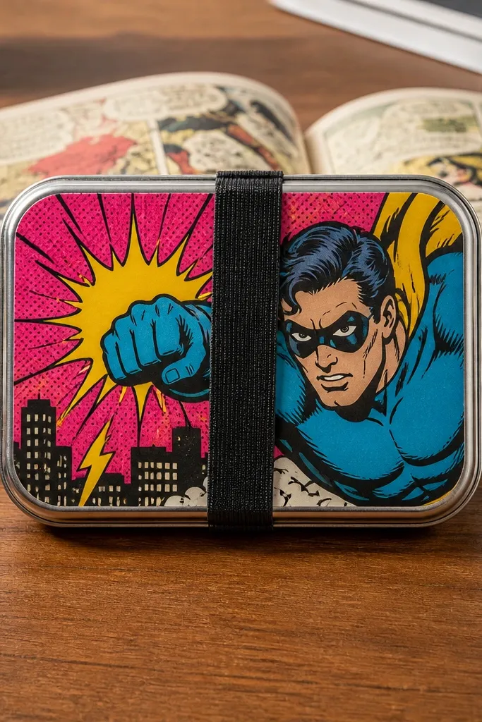 Altoids wallet with comic-style speech bubble print and pop-art black accents