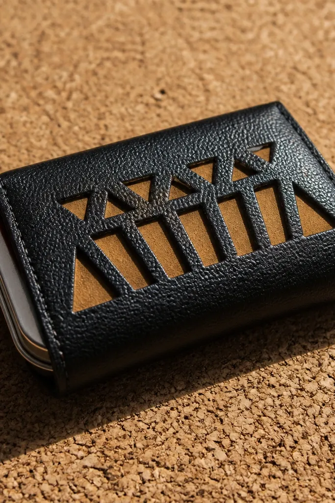 Altoids wallet with geometric faux leather cutouts leaving clean negative space