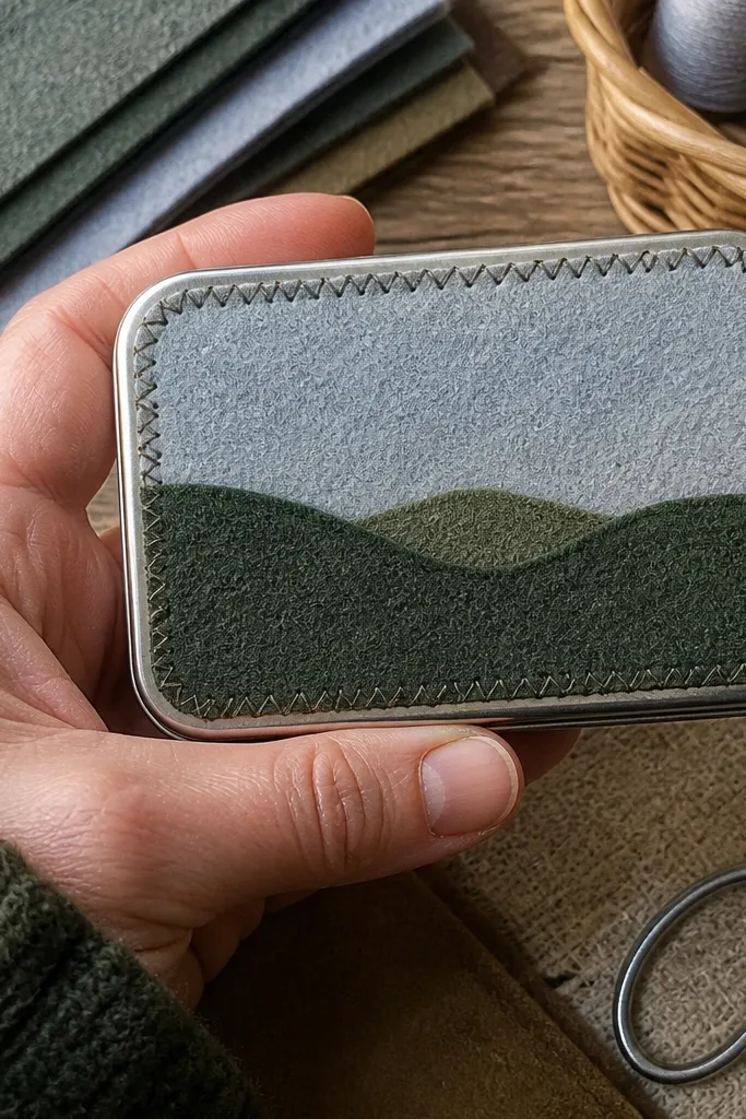 Altoids wallet with layered felt shapes and zigzag stitched edge