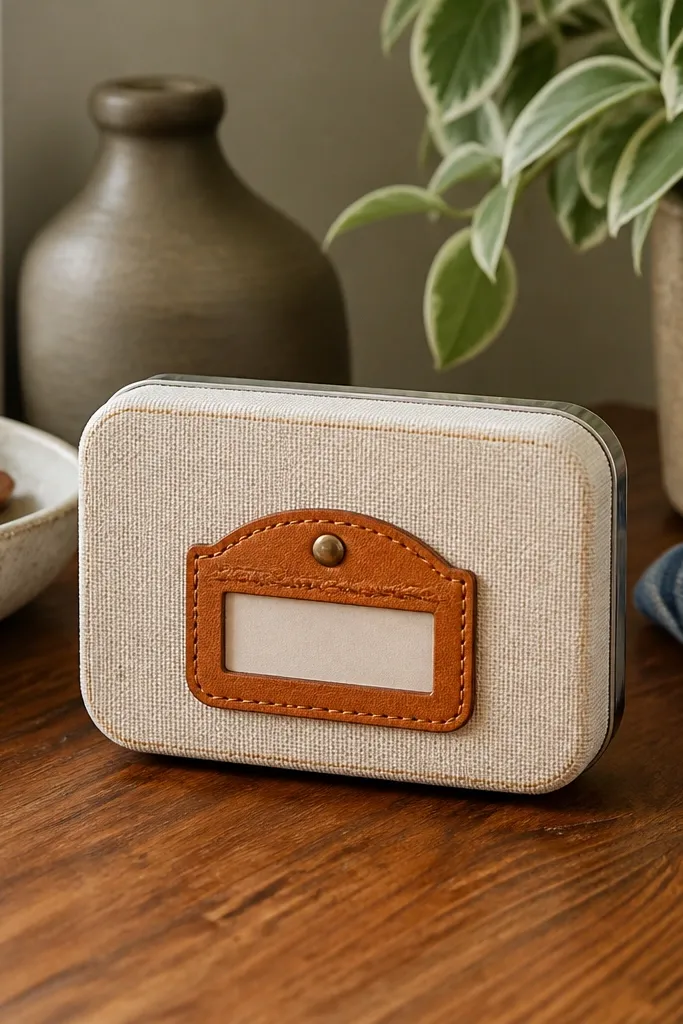 Altoids wallet with a small leather tab label on the front and clean stitching