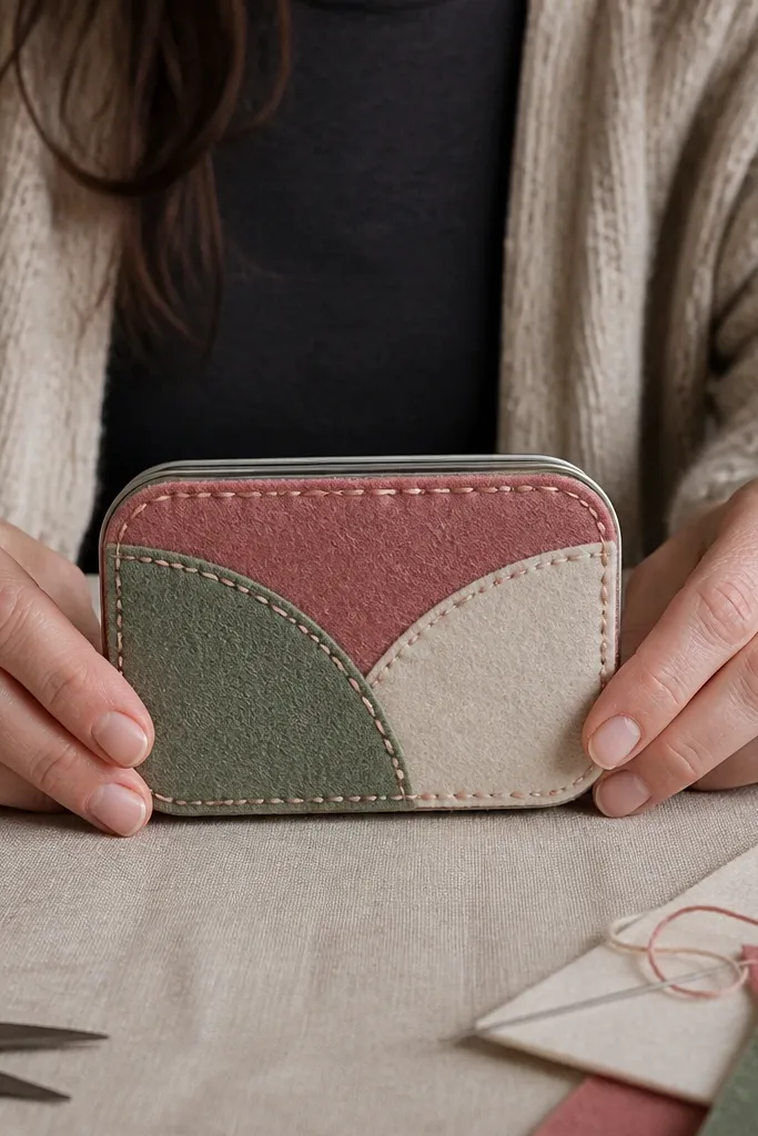 Altoids wallet with color-block felt panels and small contrast stitches