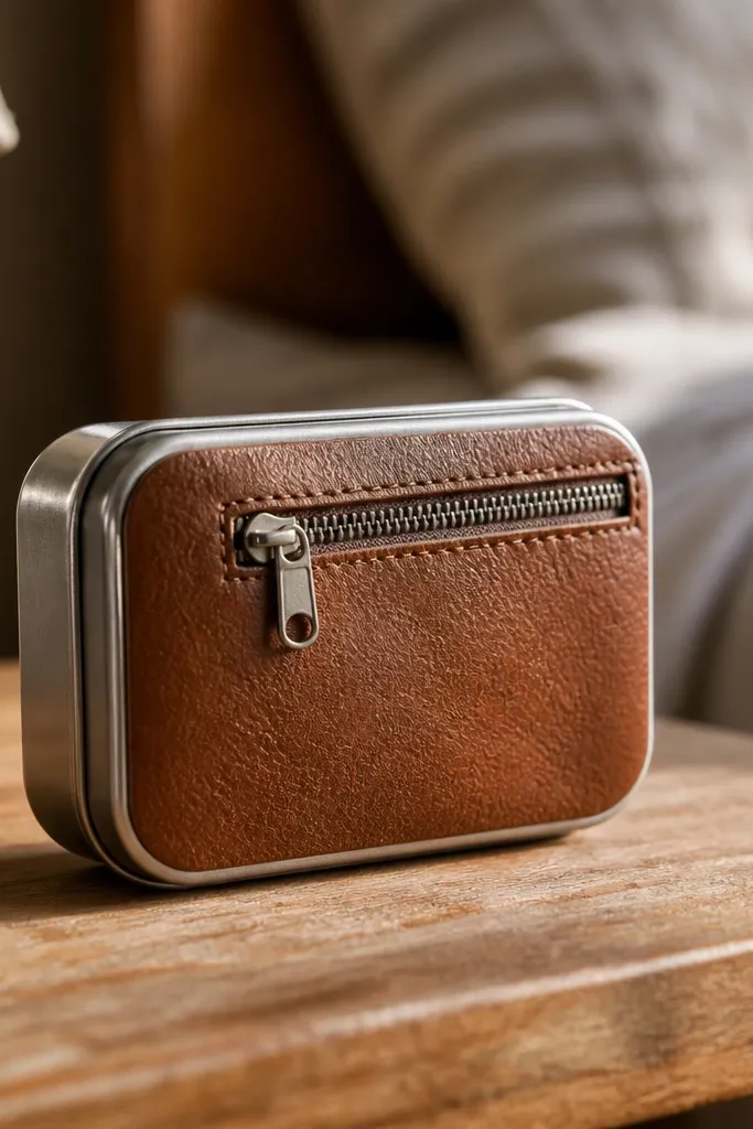 Altoids wallet with a faux leather front pocket and tiny zipper pull