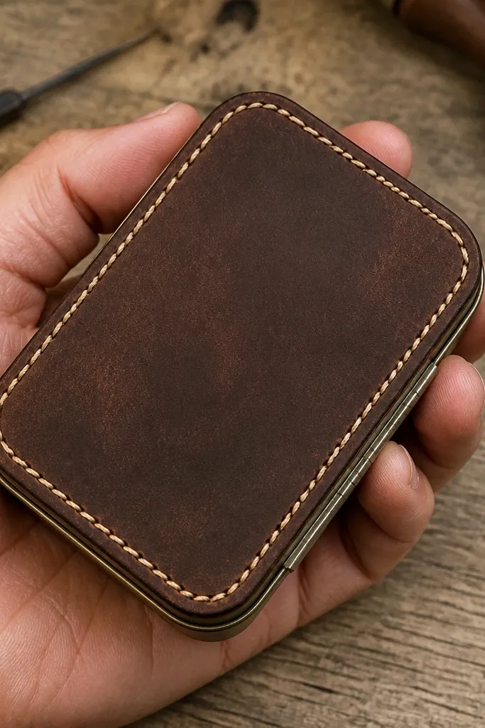 Altoids wallet with faux leather outline stitching in contrasting thread