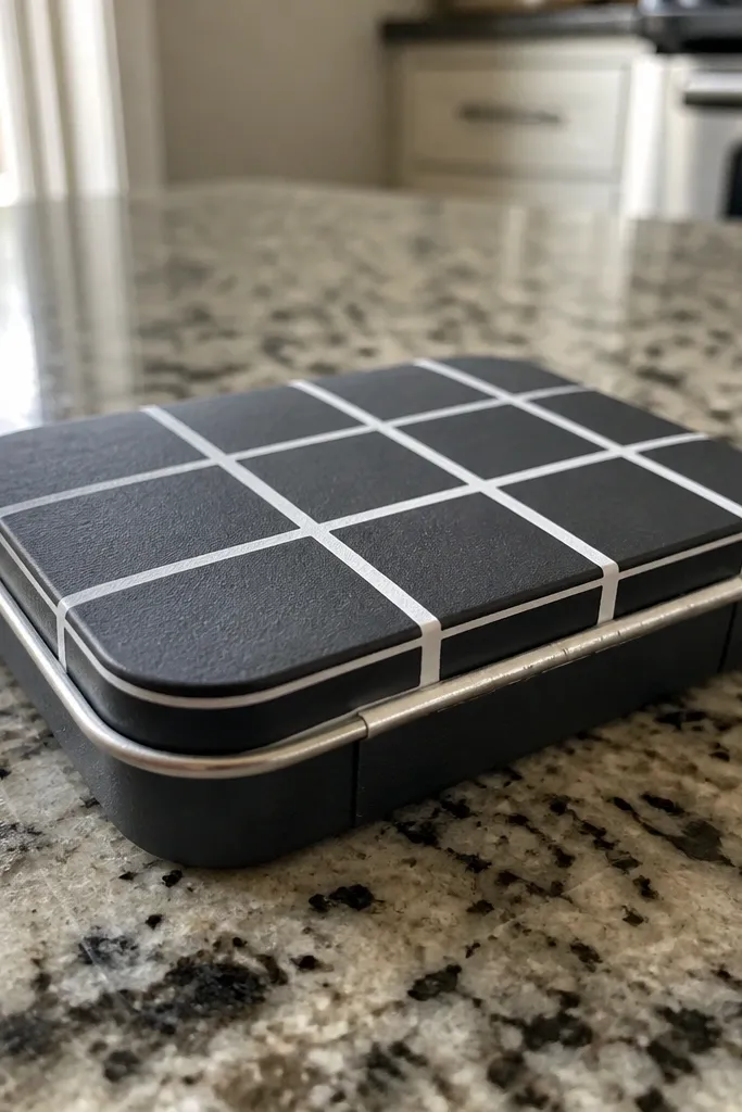 Altoids wallet painted like small tiles with white grout lines and dark base