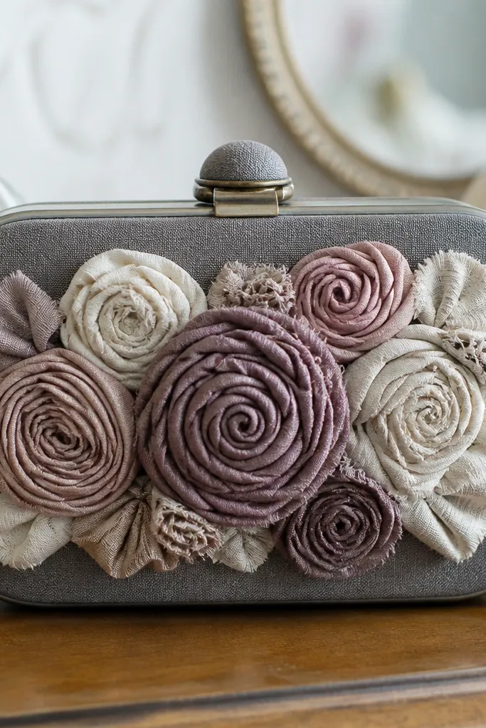 Altoids wallet with layered fabric rosettes clustered on the front