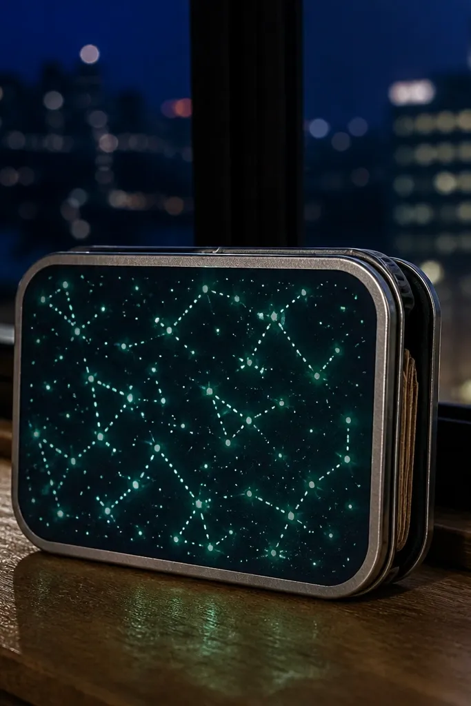 Altoids wallet with glow dots forming constellations on a dark fabric front