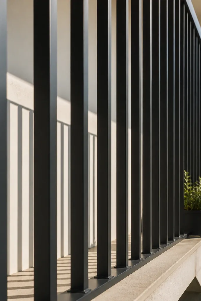Matte black vertical metal bars with open sightlines on a small balcony