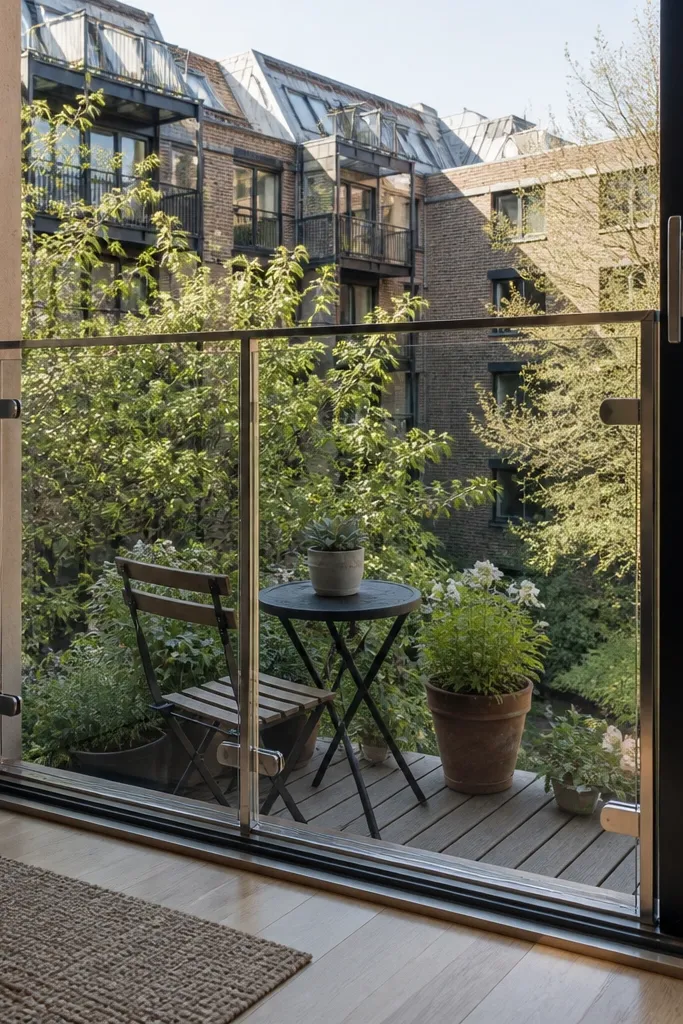 Clear panel railing with a slim metal frame on a small balcony