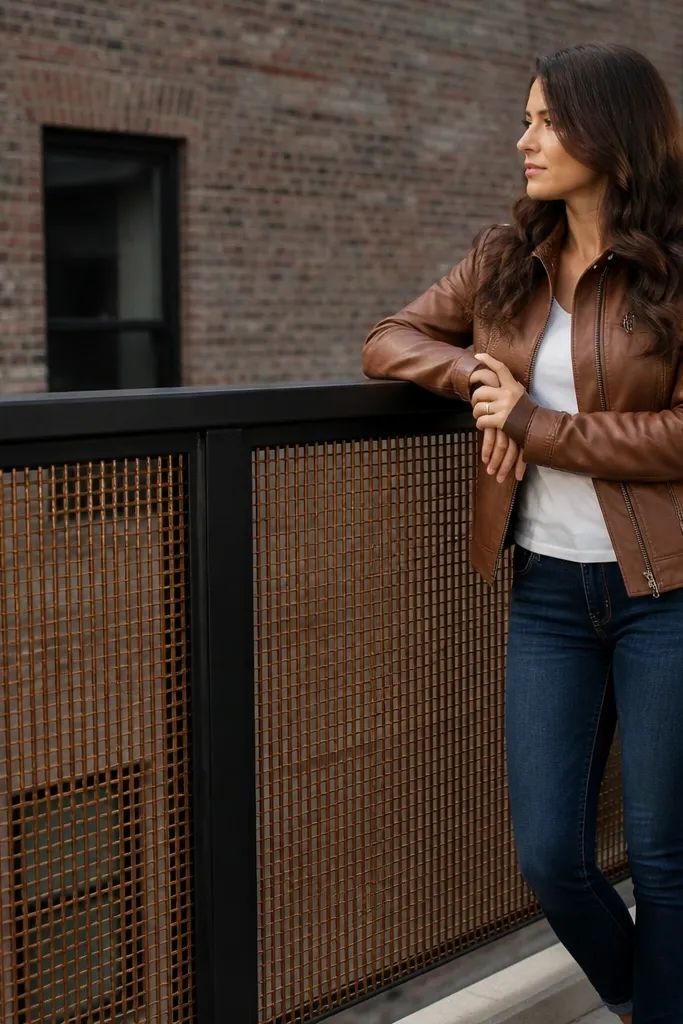 Bronze wire mesh infill with black border on a compact balcony railing
