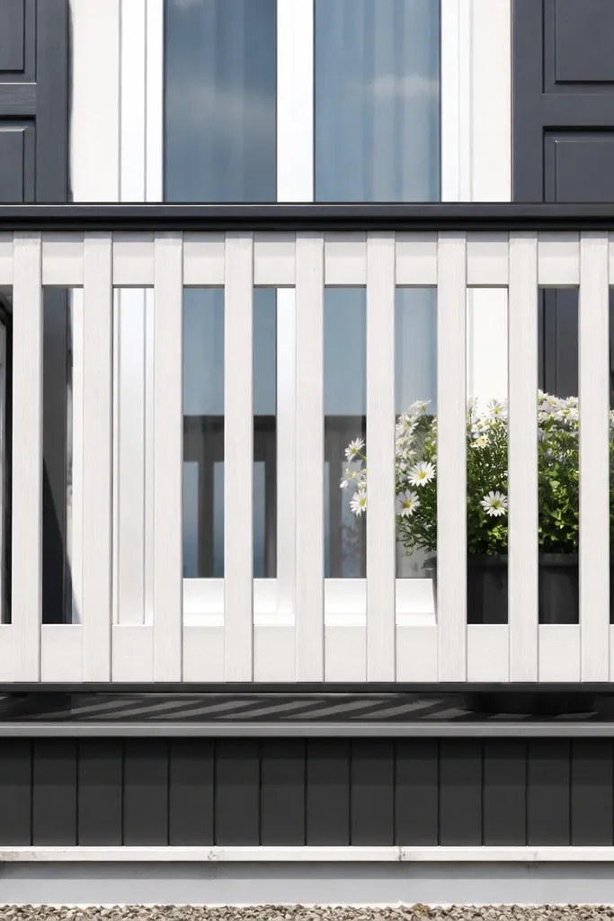 Whitewashed wooden pickets framed by black posts on a small balcony