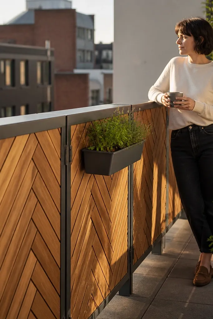 Herringbone wood pattern infill between slim posts on a small balcony