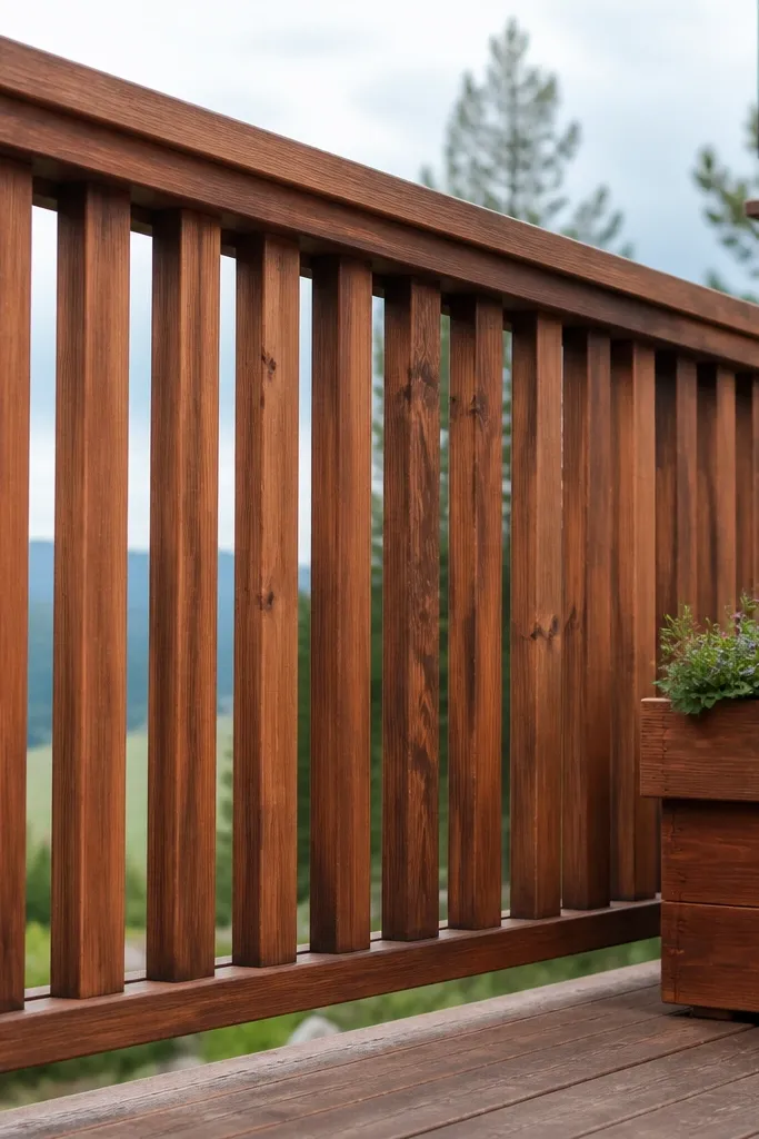 Stained cedar vertical slats with a simple top cap on a balcony railing