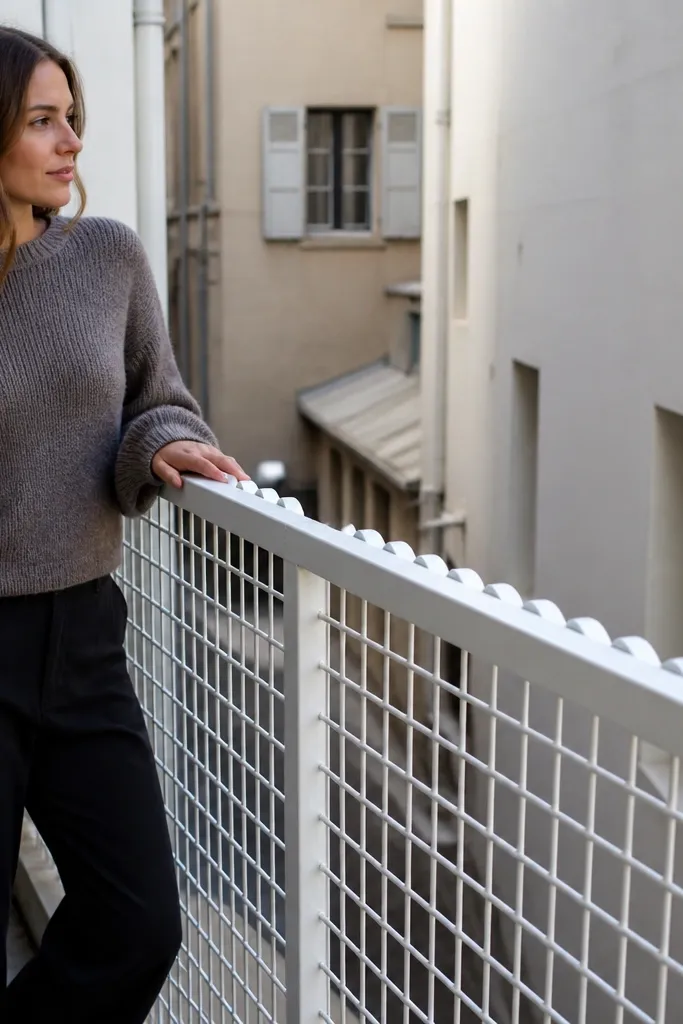White metal grid railing with a scalloped top edge on a small balcony
