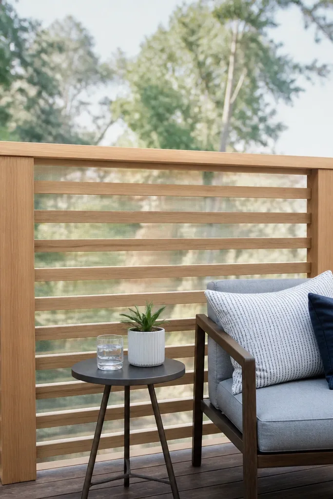 Horizontal timber slats over a clear screen infill on a balcony railing