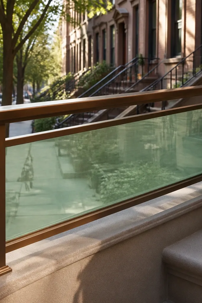 Sea-glass green panel railing with bronze frame on a small balcony