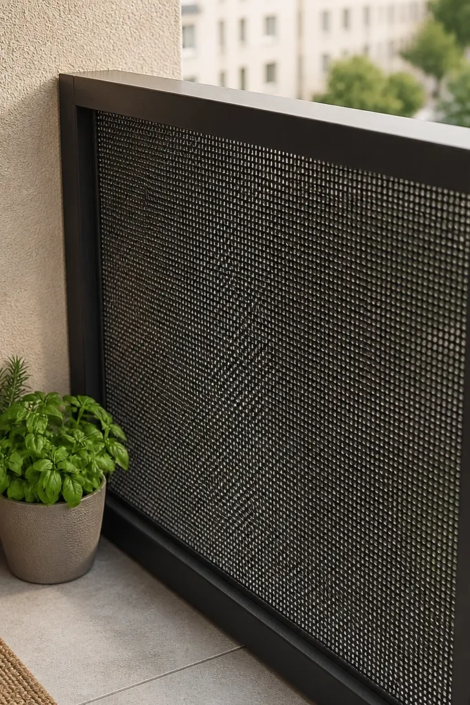Recessed metal mesh panels inside a thin perimeter frame