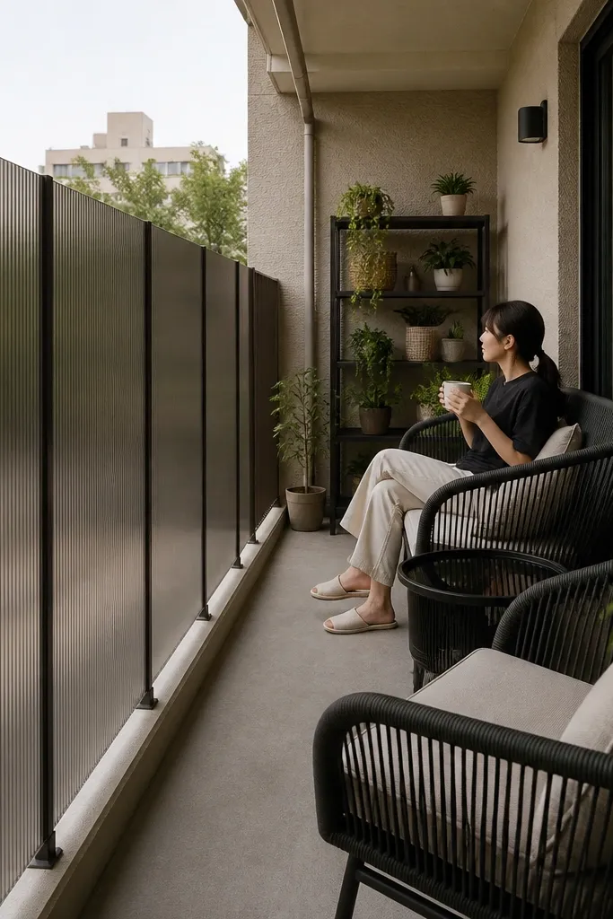 Smoked polycarbonate panels held by vertical bars on a compact balcony