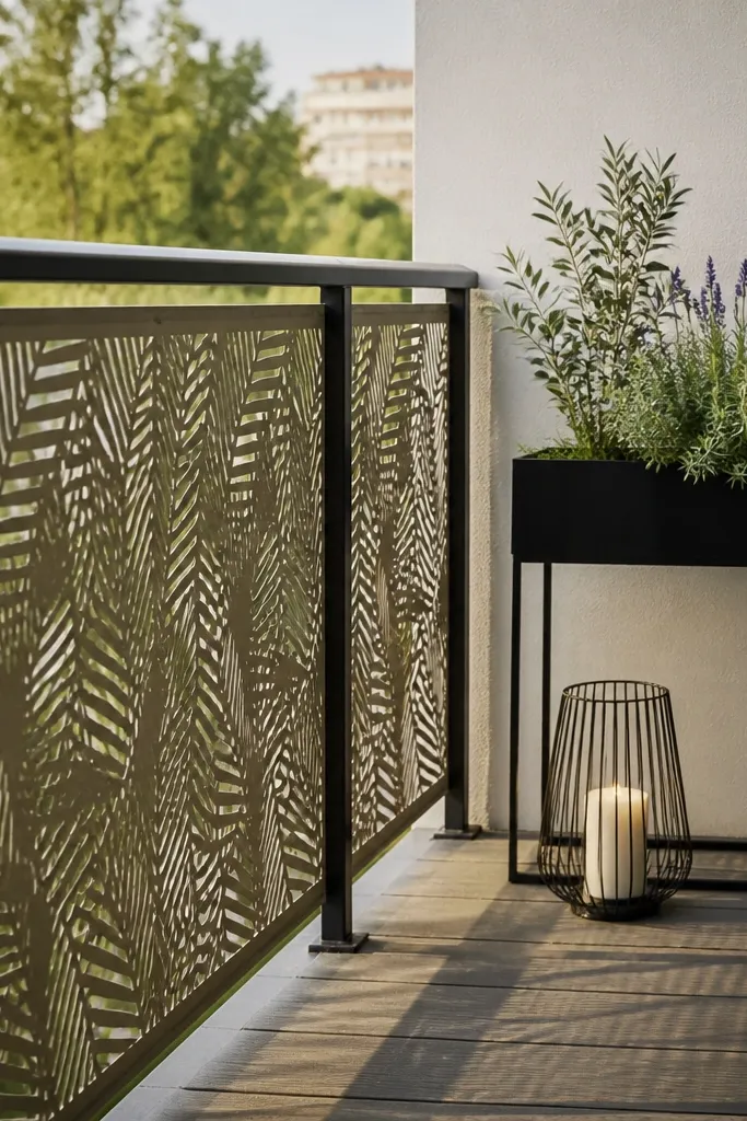Metal frame with patterned privacy strips for a modern balcony railing look