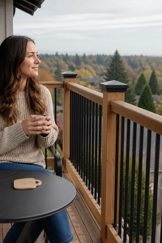 Natural wood posts with matte black vertical bars on a balcony railing
