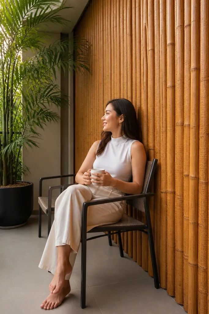 Bamboo-style vertical panels on a small balcony railing