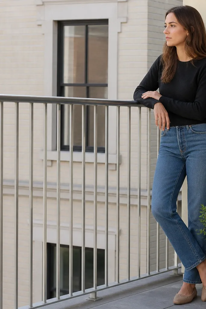 Thin brushed stainless balusters on a small balcony railing