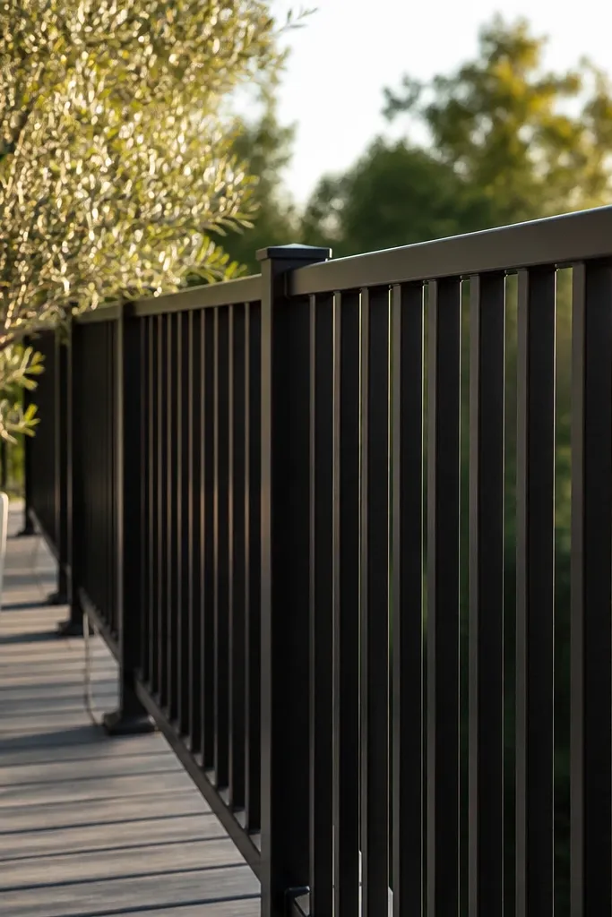 Black metal vertical railing with evenly spaced bars and a simple top rail