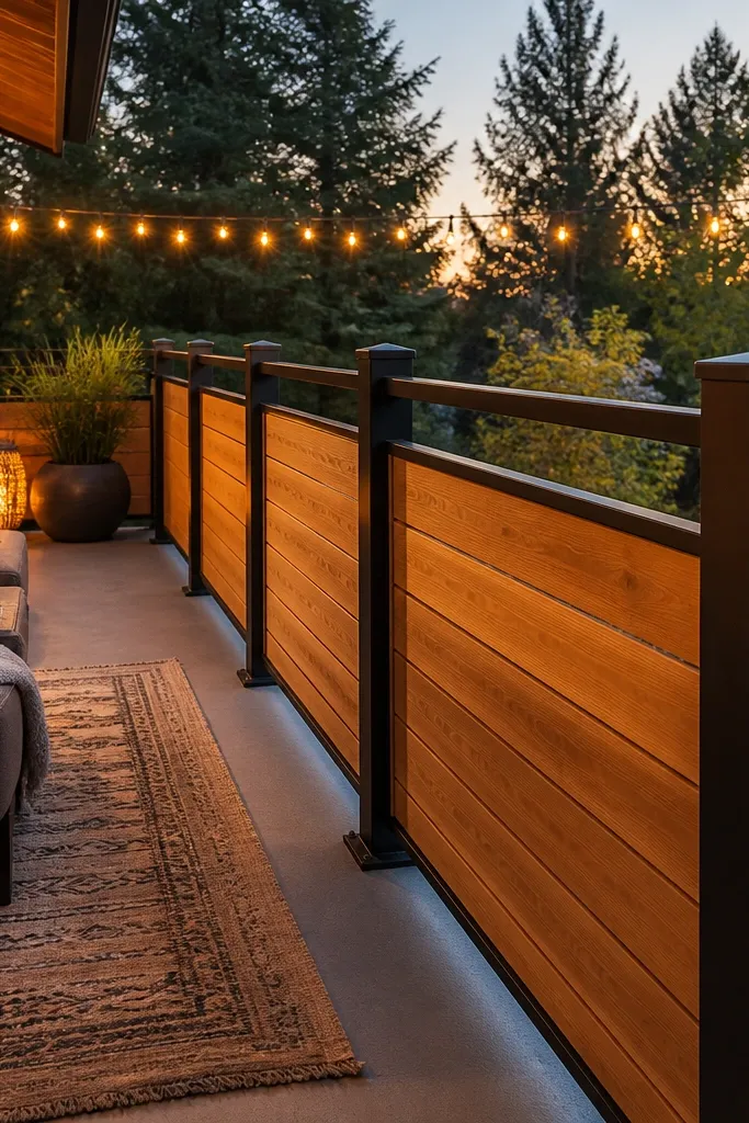Black posts with warm cedar rectangular frames inside a balcony railing