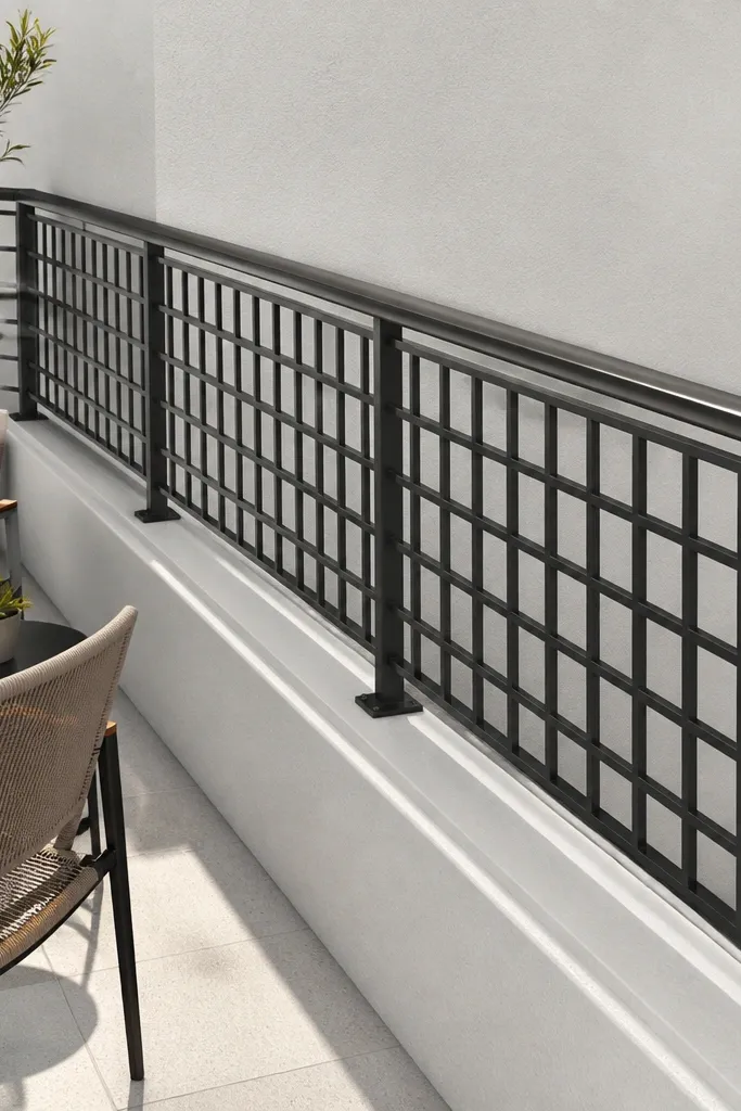 Matte black railing with a clean square grid pattern and a flat top rail