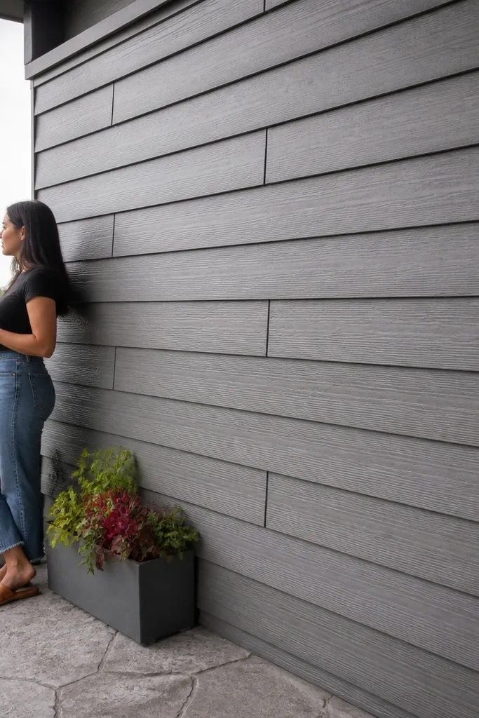 Dark wood or composite railing with horizontal slats and staggered seams