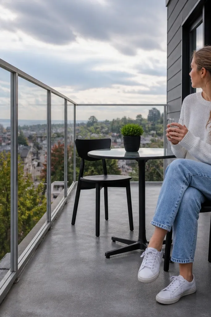 Clear panels held in slim dark metal frame over a balcony railing