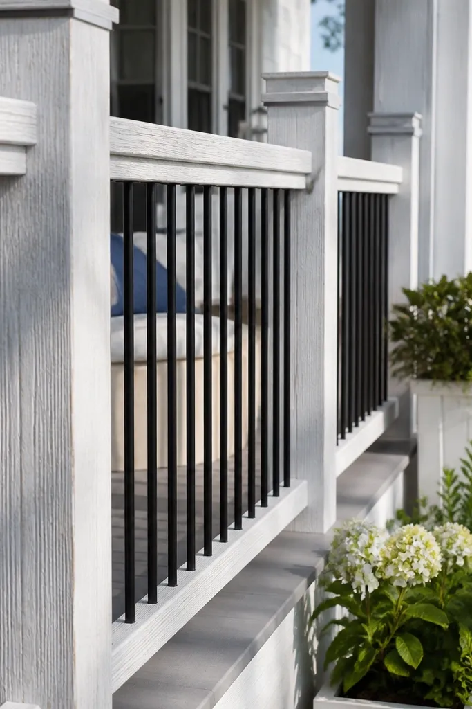Whitewashed wood railing with black iron decorative vertical accents