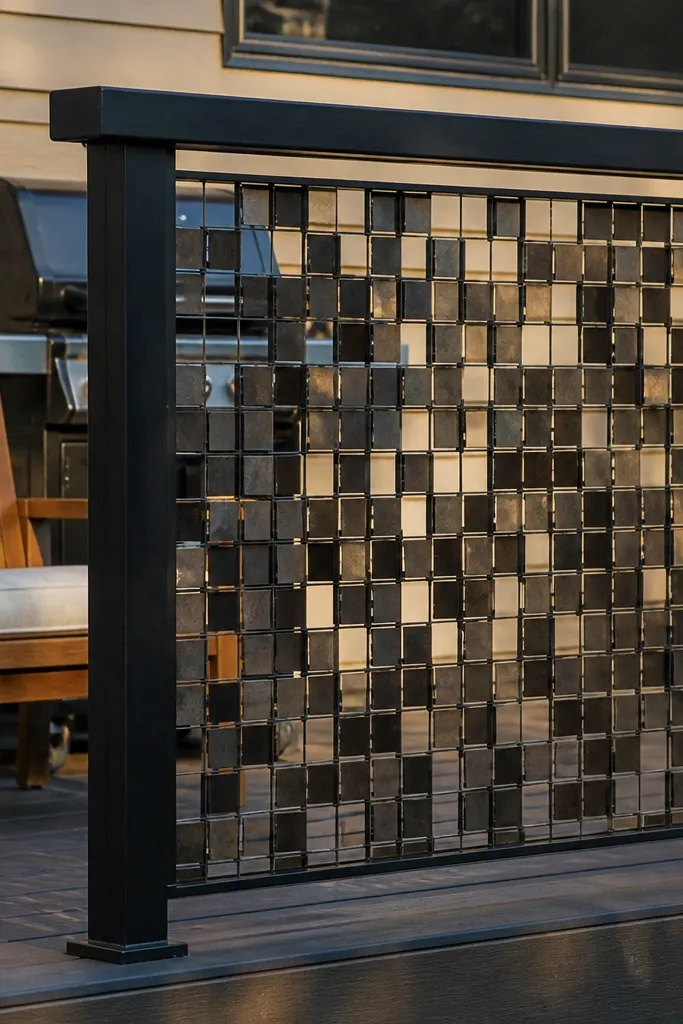 Metal railing infill with small 2-inch square pattern in dark finish