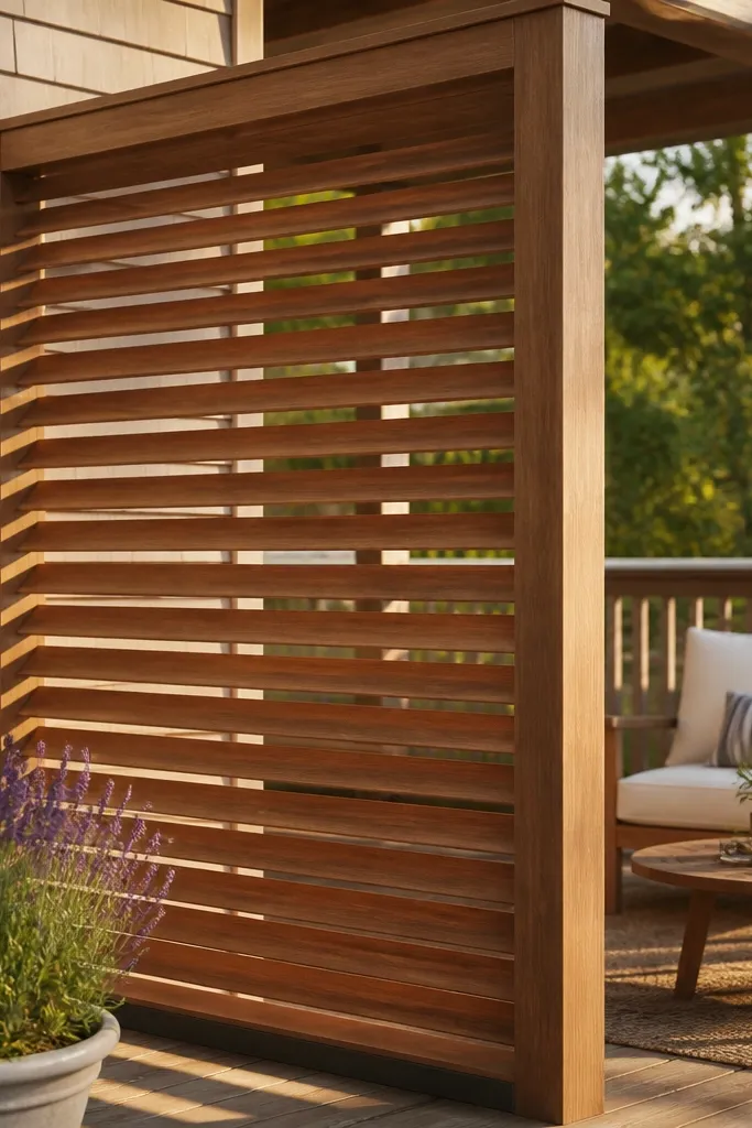 Railing with 45-degree angled slats for privacy and a modern look