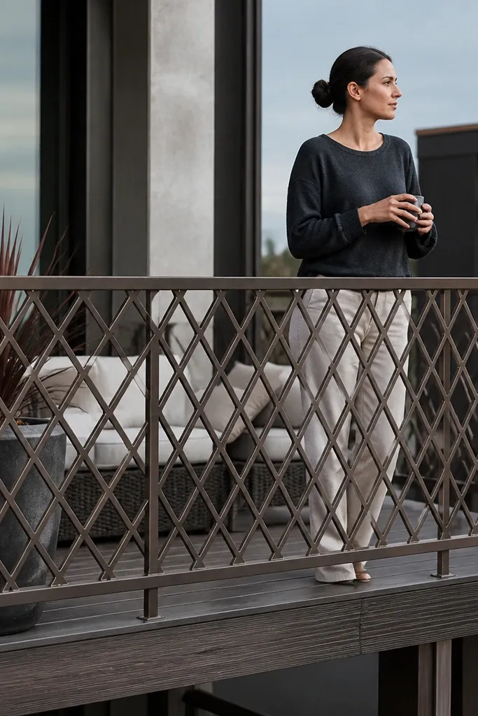 Matte bronze railing infill with diamond shapes in a repeating pattern