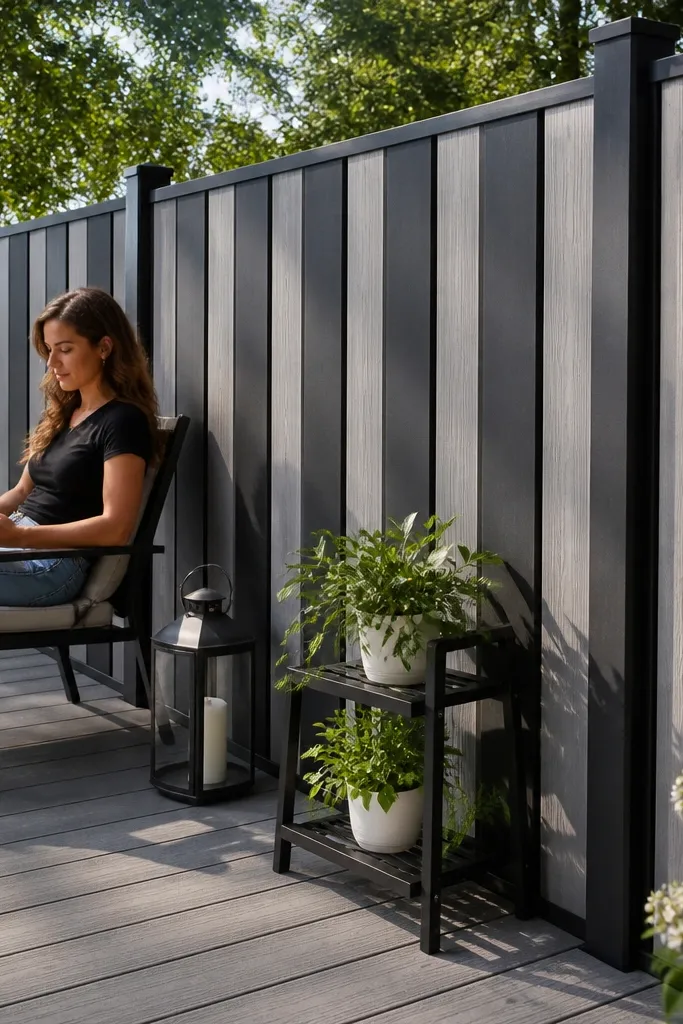 Railing with alternating narrow and wide vertical slats in two coordinated colors