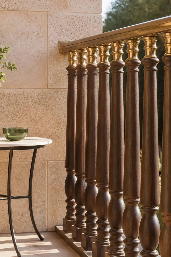 Dark stained railing with round wooden balusters and small brass caps