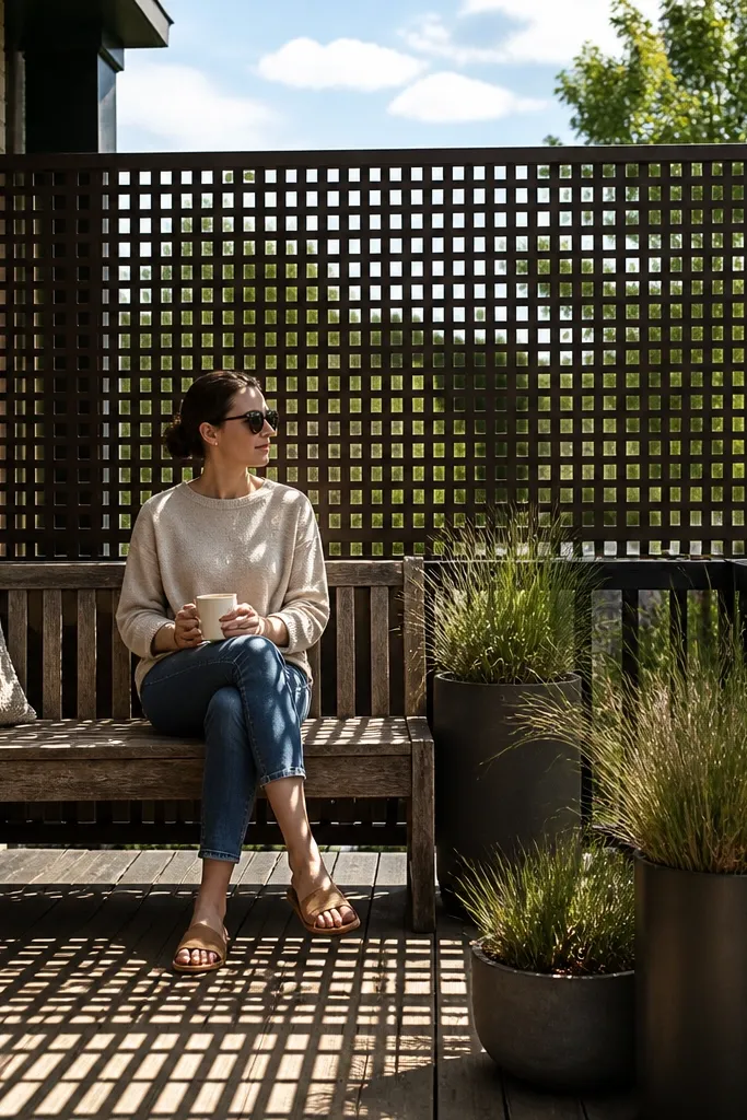 Wood lattice railing with visible shadow gaps between crisscross pieces