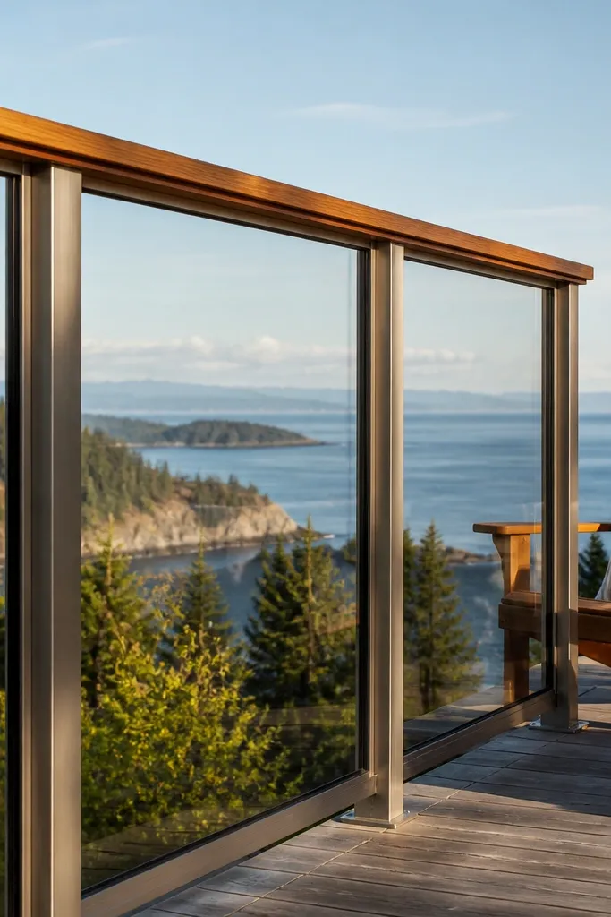 Clear polycarbonate railing panels with a warm wood horizontal top cap