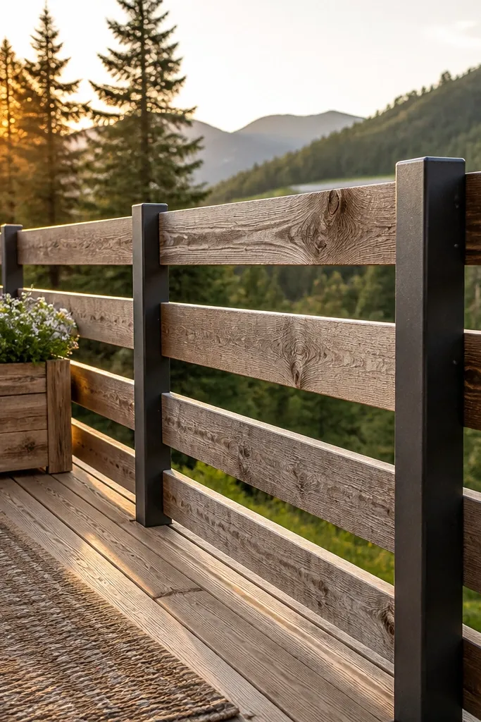 Reclaimed wood horizontal rails with dark steel side supports and posts
