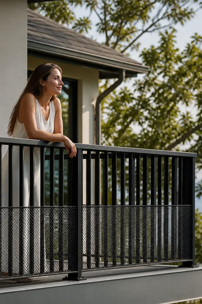 Matte black railing with vertical slats above and steel mesh at the bottom