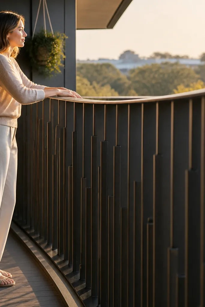 Railing with staggered vertical slats and a gentle curved top rail