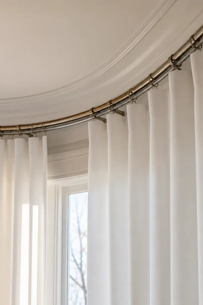 Curtains on a bay window with a rod that follows the curve and panels that overlap
